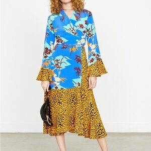 ASOS Blue & Yellow Floral and Leopard-Print Midi Wrap Dress
